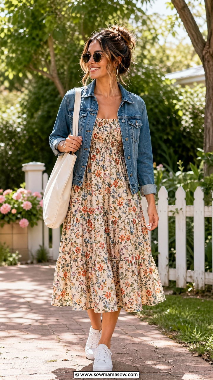 Denim jacket and sundress for family reunion - 35 Family reunion outfit ideas