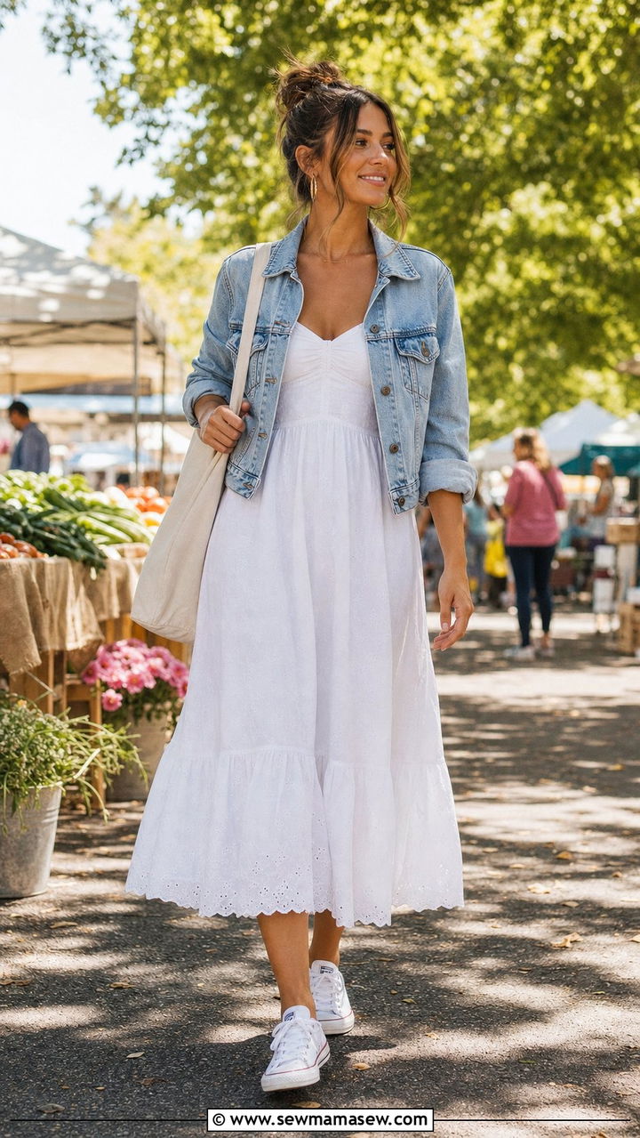 Denim jacket and sundress with gold hoops - 25 spring outfits with gold jewelry