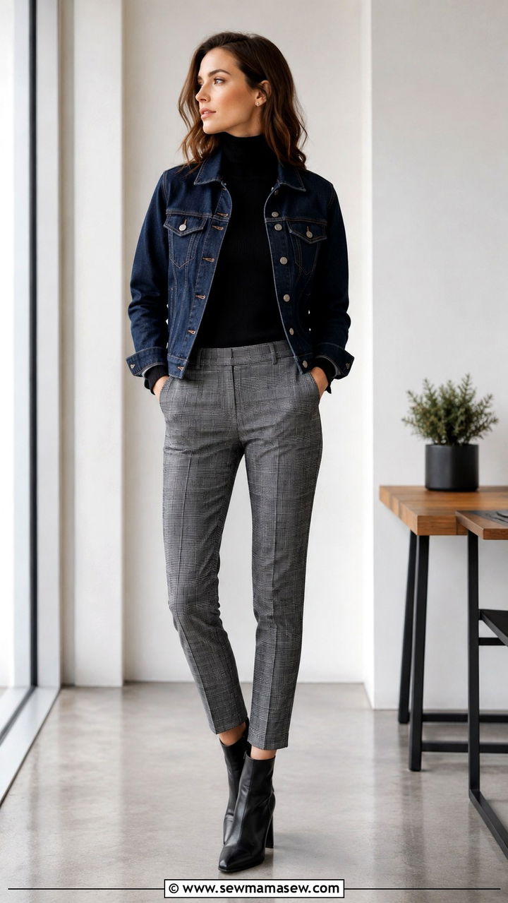 Denim jacket and turtleneck with cigarette pants - 30 How to style a denim jacket for work