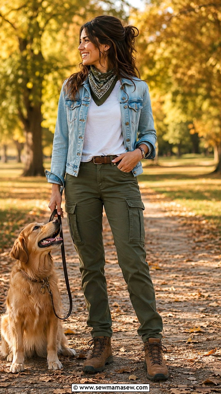 Denim jacket and utility pants dog trainer transitional outfit - 30 Dog trainer outfit ideas