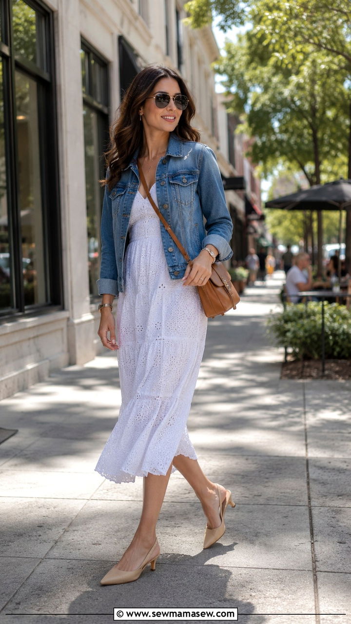 Denim jacket and white dress with kitten heels - 20 spring outfits with kitten heels