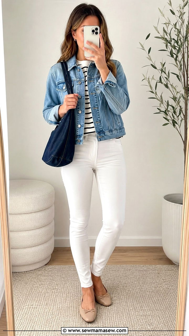 Denim jacket and white jeans with denim bag - 20 spring outfits with denim bag