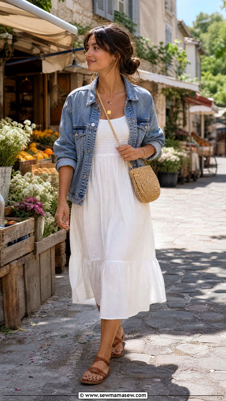 Denim jacket and white midi sundress - 20 French girl outfit ideas Lea Seydoux