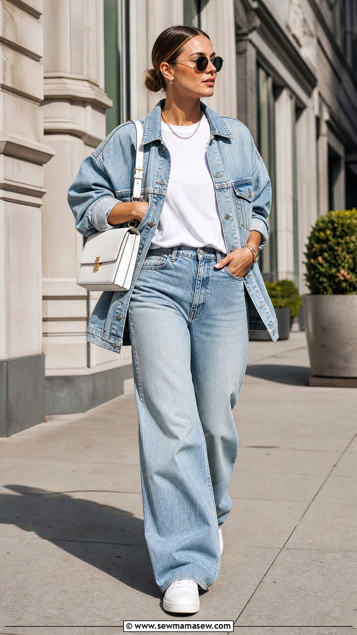Denim jacket and wide leg jeans with white accessories - 30 minimalist outfits for women