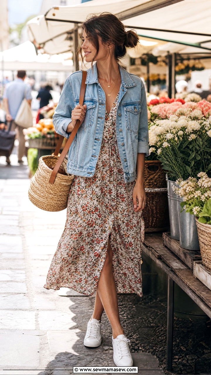 Denim jacket draped over a midi dress - 30 casual french girl outfits