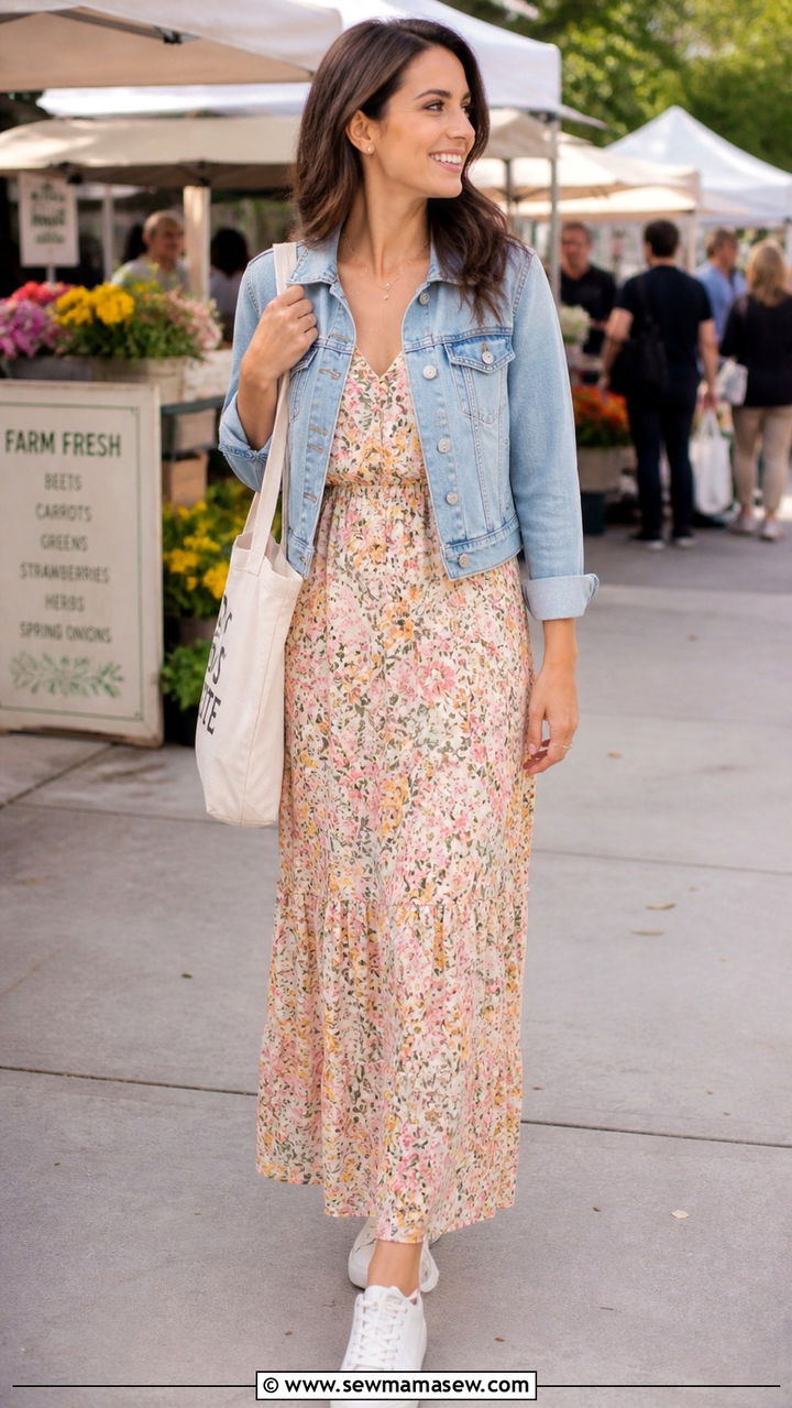 Denim jacket floral maxi dress spring brunch outfit - 40 Spring brunch outfits