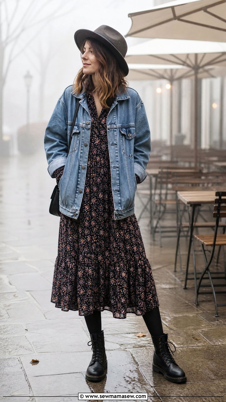Denim jacket layered over a floral midi dress - 25 Foggy day outfit ideas