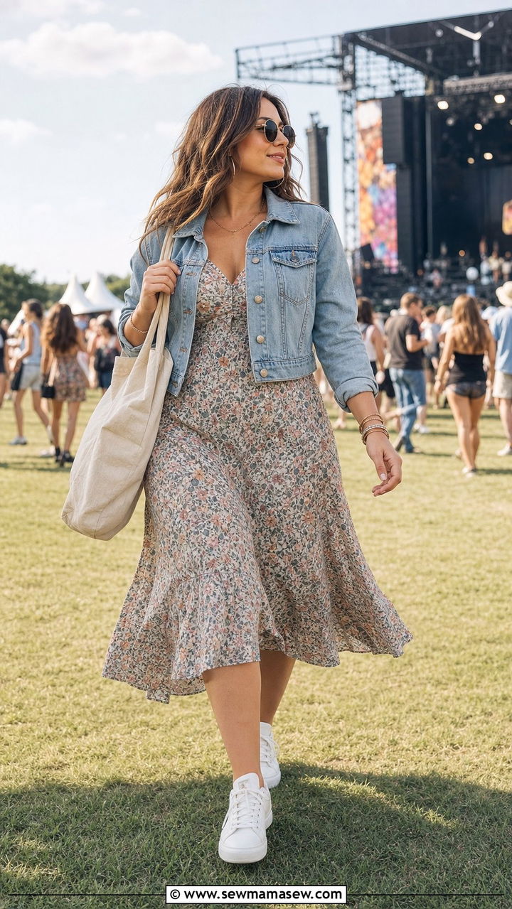 Denim jacket layered over a floral midi dress - 25 summer outfits for pear shaped body