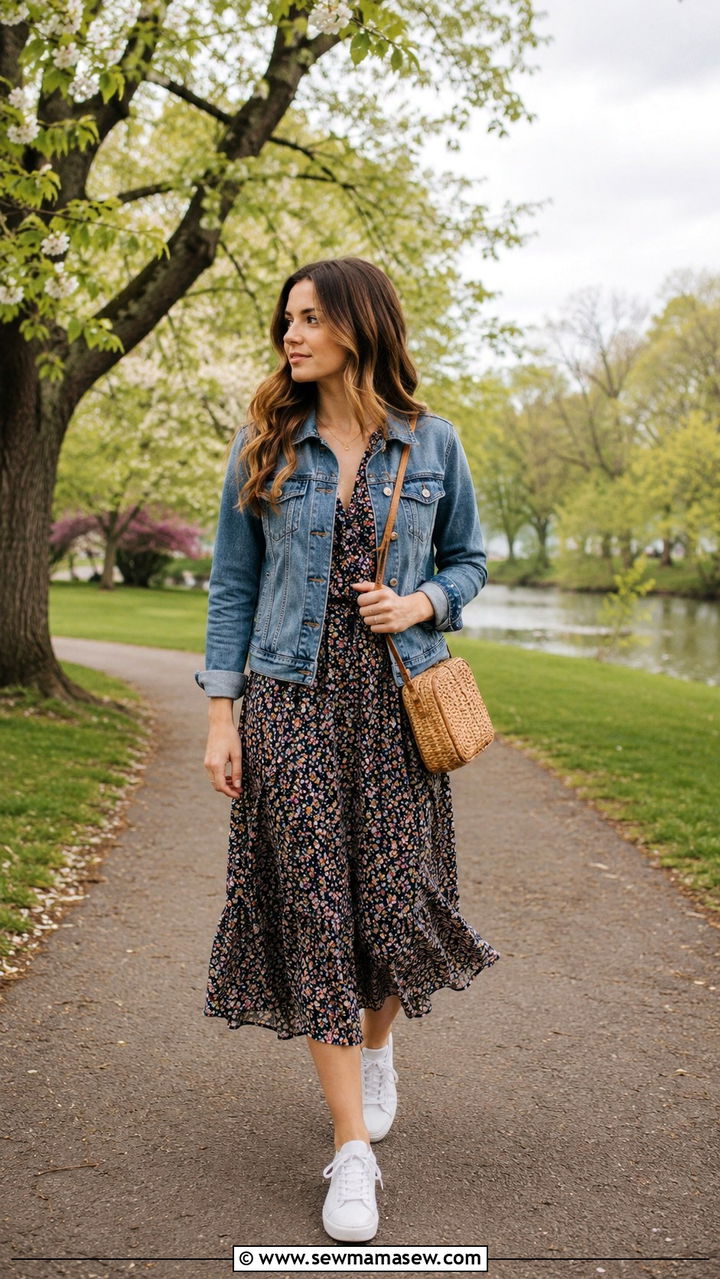 Denim jacket layered over a floral midi dress - 30 Overcast day outfit ideas