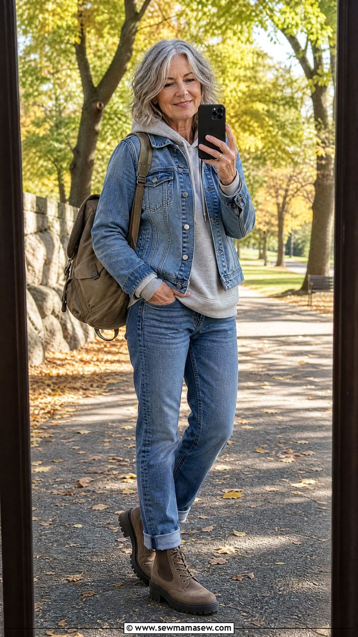 Denim jacket layered over a hoodie - 25 How to style a denim jacket over 50