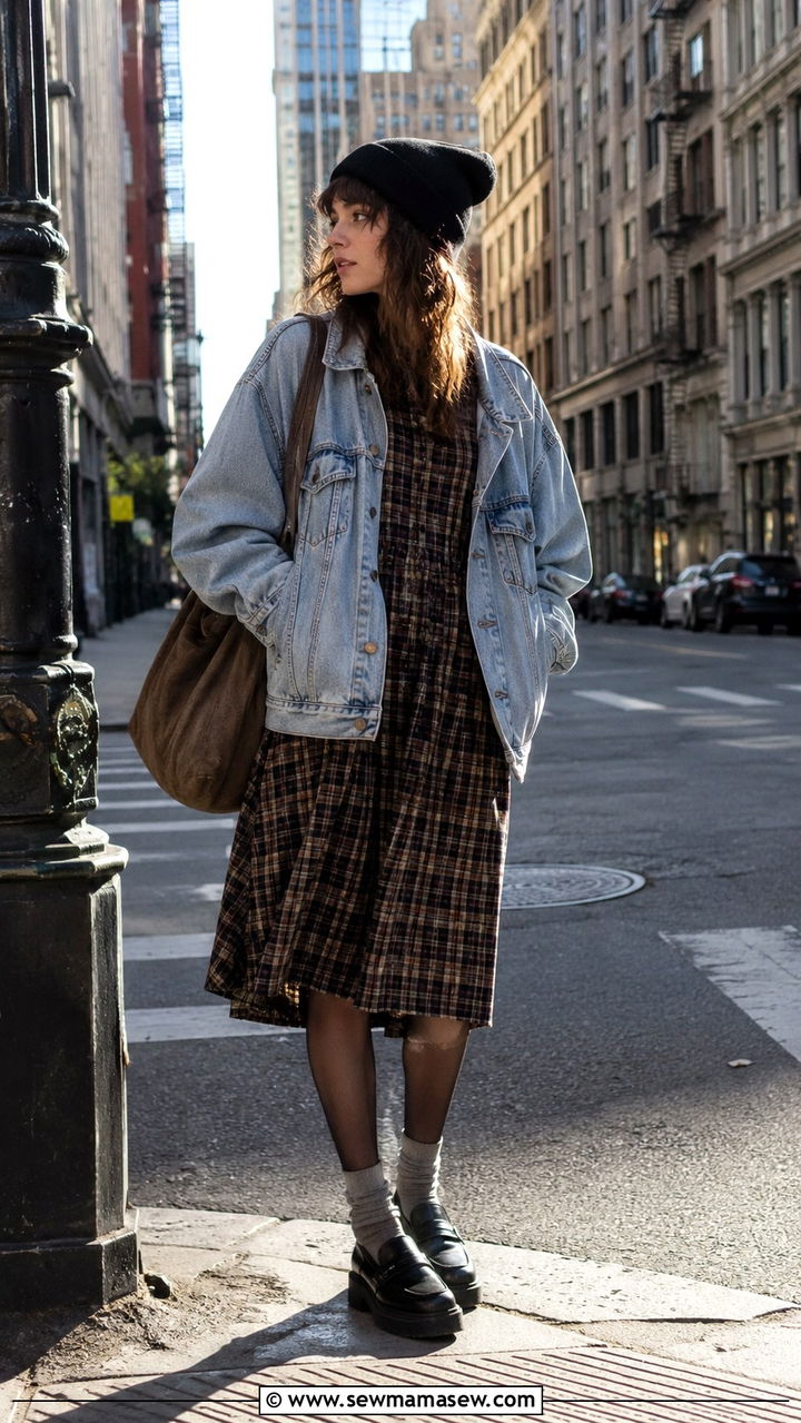 Denim jacket layered over a plaid dress - 30 Chaotic academia outfit ideas