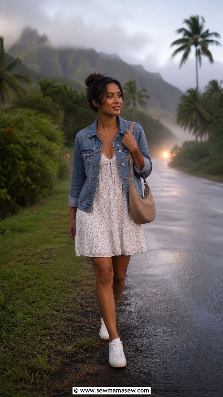 Denim jacket layered over a sundress - 40 What to wear in Kauai