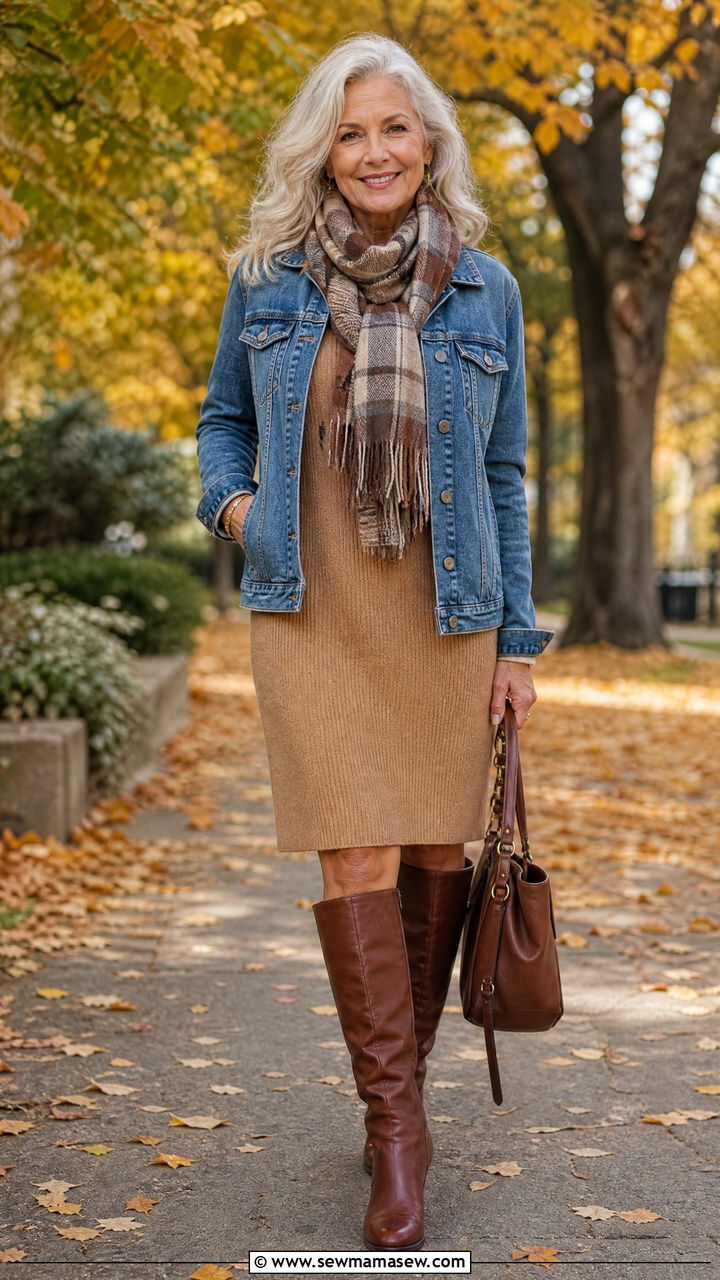 Denim jacket layered over a sweater dress with knee high boots - 25 How to style a denim jacket over 60