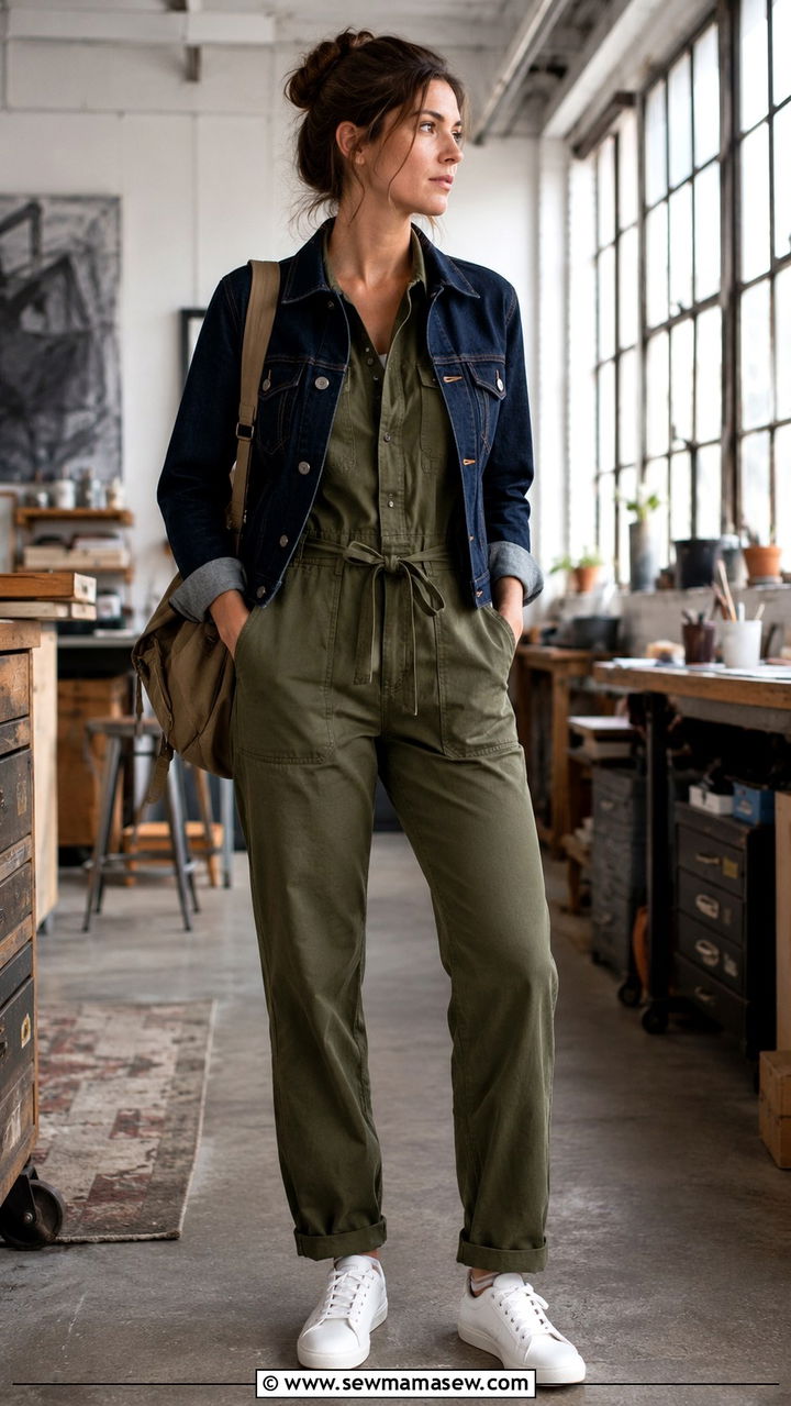 Denim jacket layered over a utility jumpsuit for work - 30 How to style a denim jacket for work