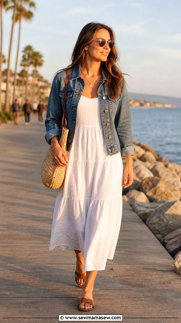 Denim jacket layered over a white cotton midi dress - 40 Coastal spring outfits