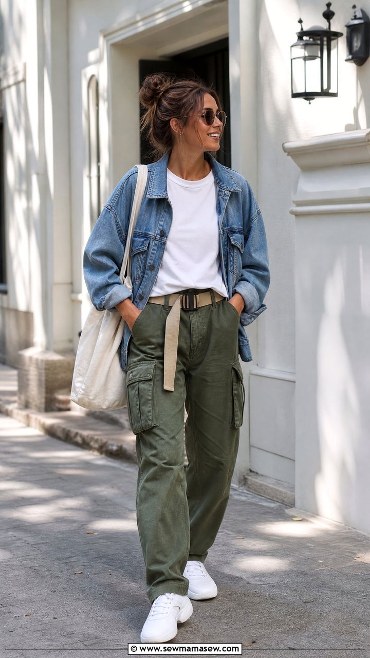 Denim jacket layered over a white tee and cargo pants with a canvas belt - 30 How to style a belt