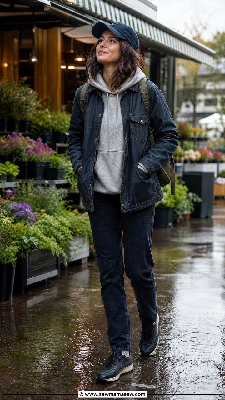 Denim jacket layered over hoodie with dark jeans - 30 Cozy rainy day outfit ideas