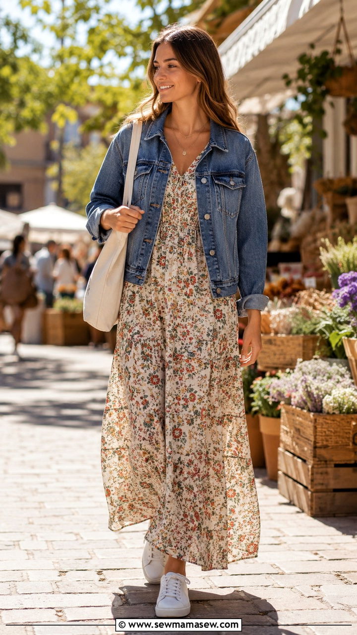 Denim jacket layered over maxi dress - 30 Modest wardrobe essentials 2026