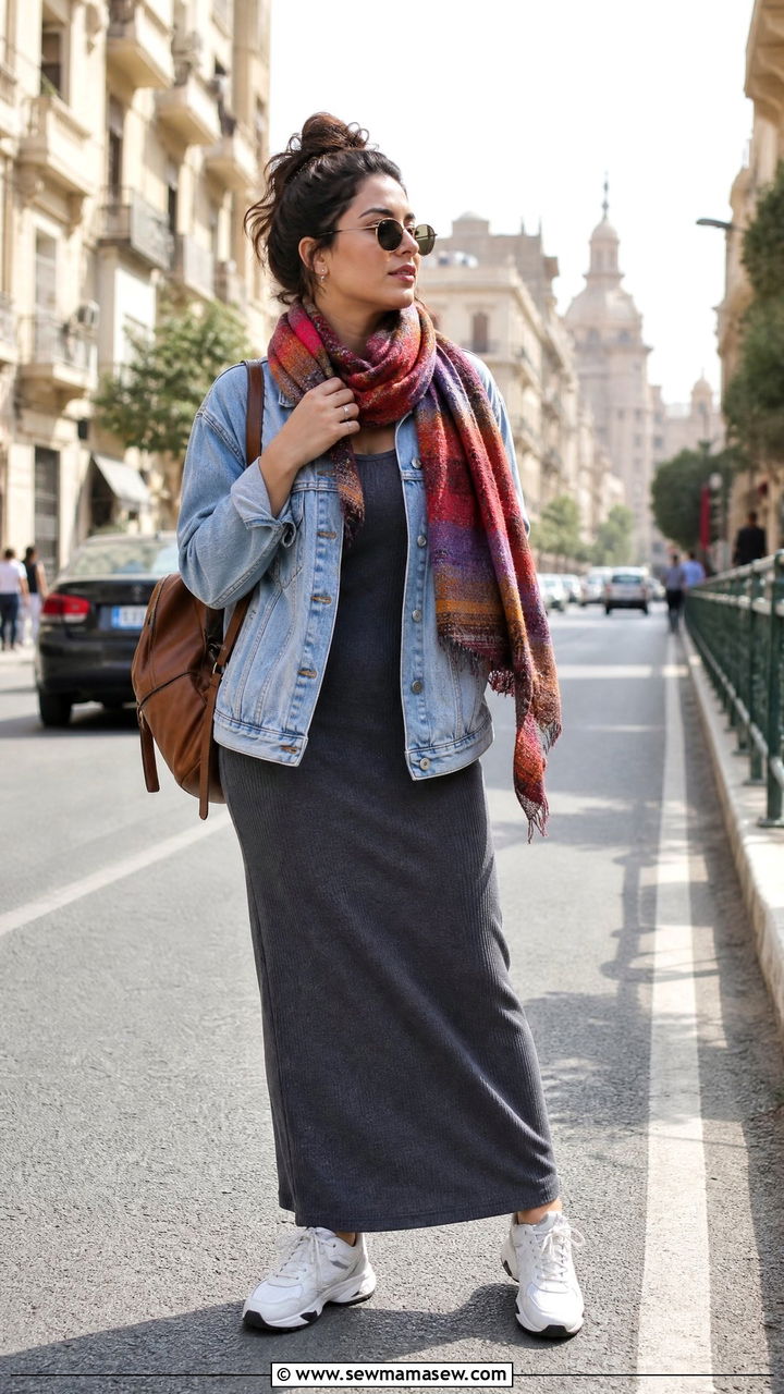 Denim jacket layered over maxi tank dress outfit - 25 Cairo outfit ideas