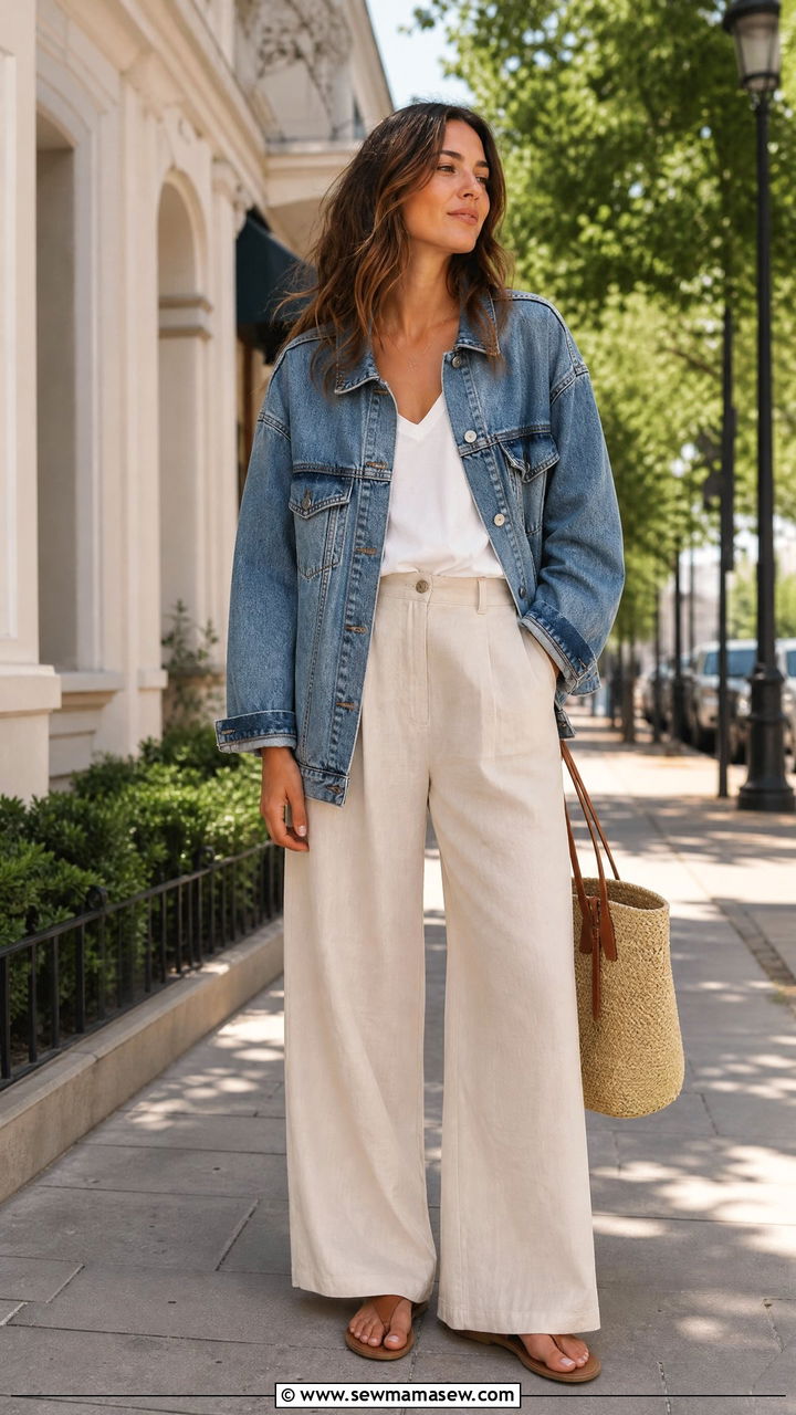 Denim jacket layered over wide leg linen trousers - 30 summer to fall outfits for women