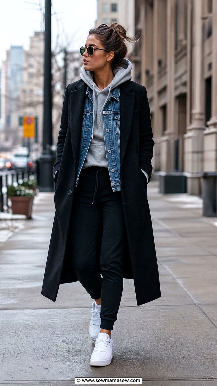 Denim jacket layered under a long wool coat with a hoodie and joggers - 30 First cold day outfits