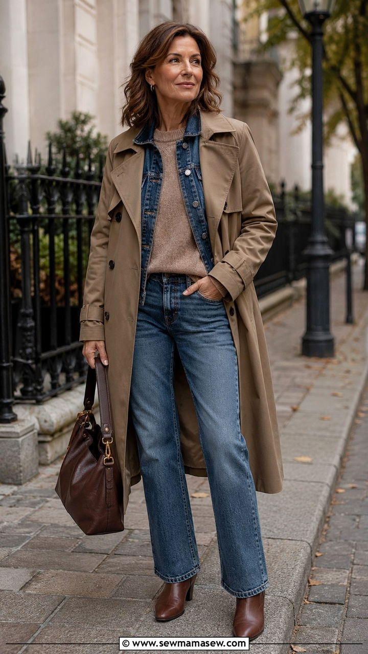 Denim jacket layered under a trench coat - 30 How to style a denim jacket over 40