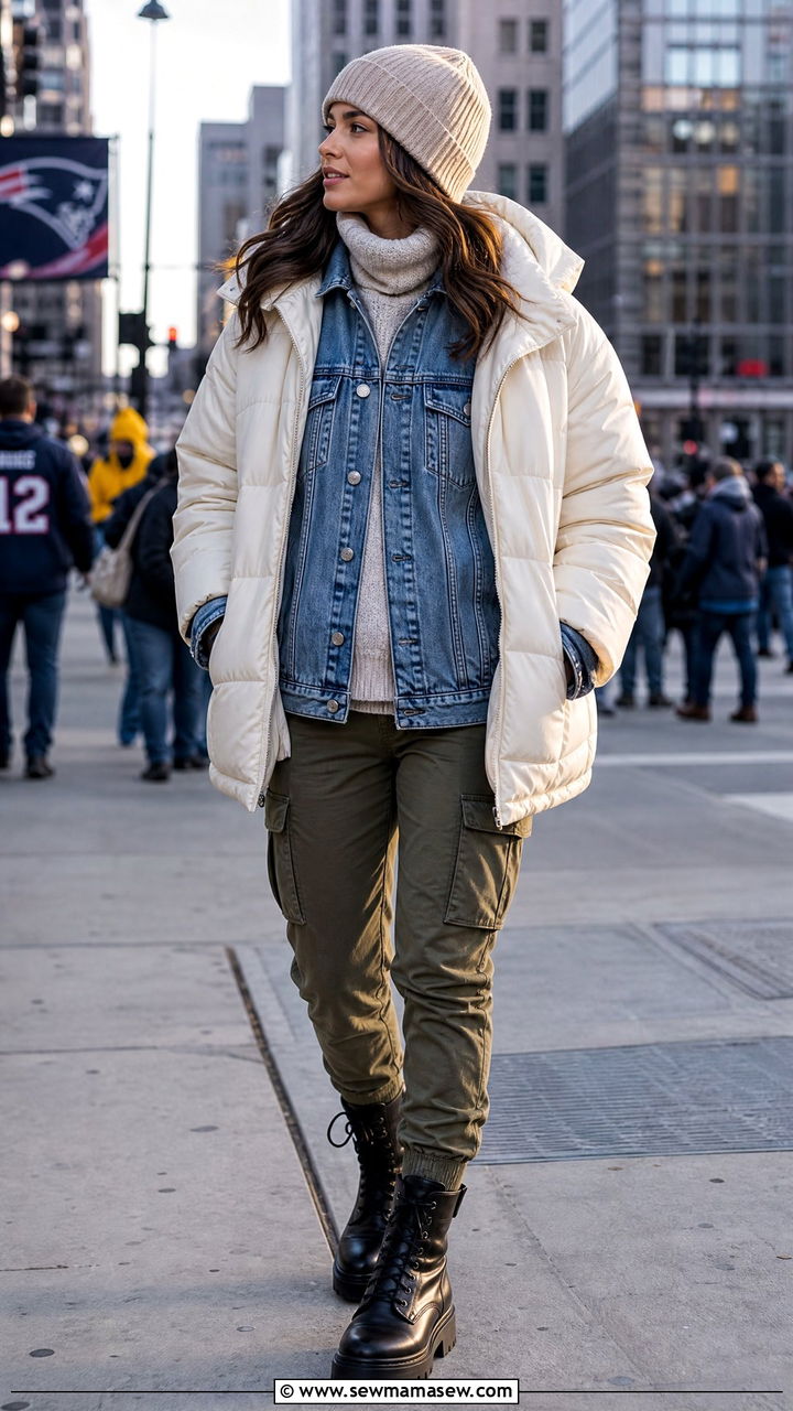 Denim jacket layered under puffer - 25 Football game outfit ideas cold