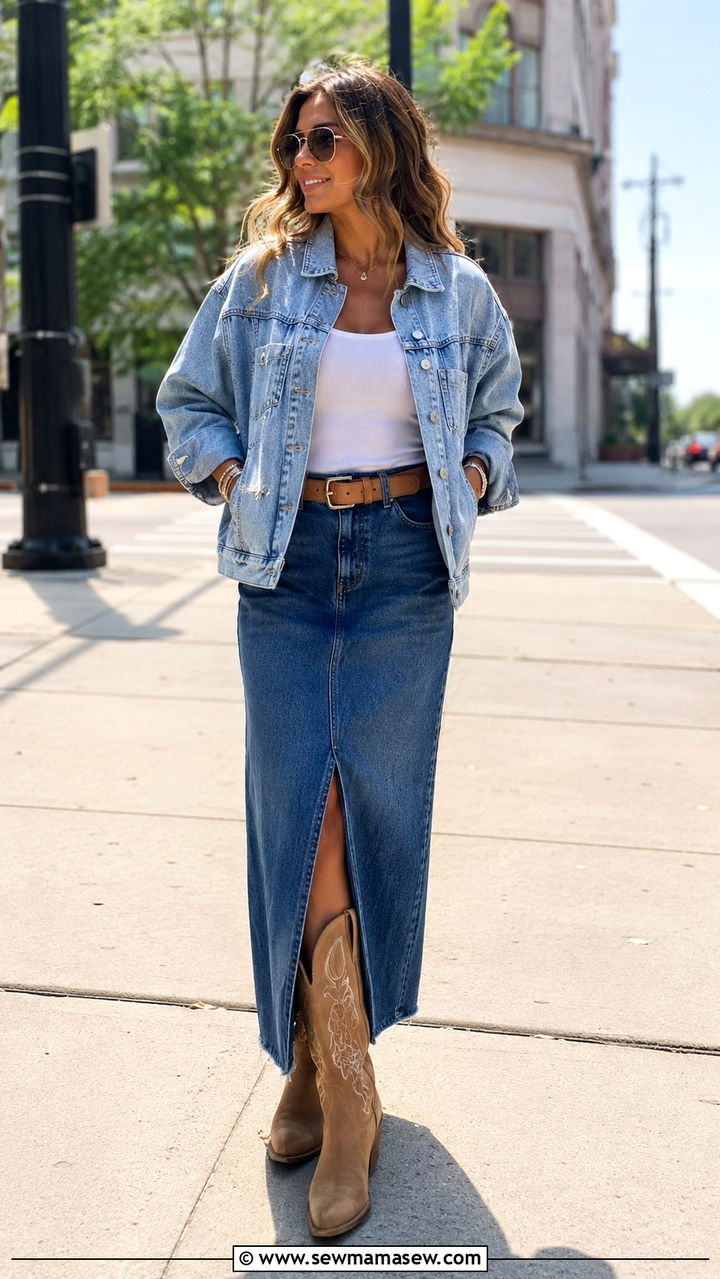 Denim jacket long denim skirt with cowboy boots - 30 Long denim skirt outfit ideas with cowboy boots