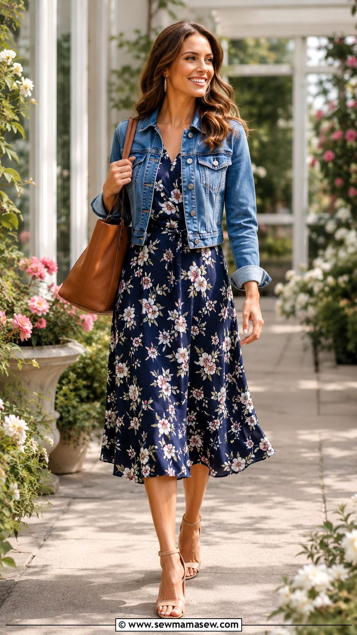 Denim jacket outfit with a floral midi dress at work - 30 How to style a denim jacket for work
