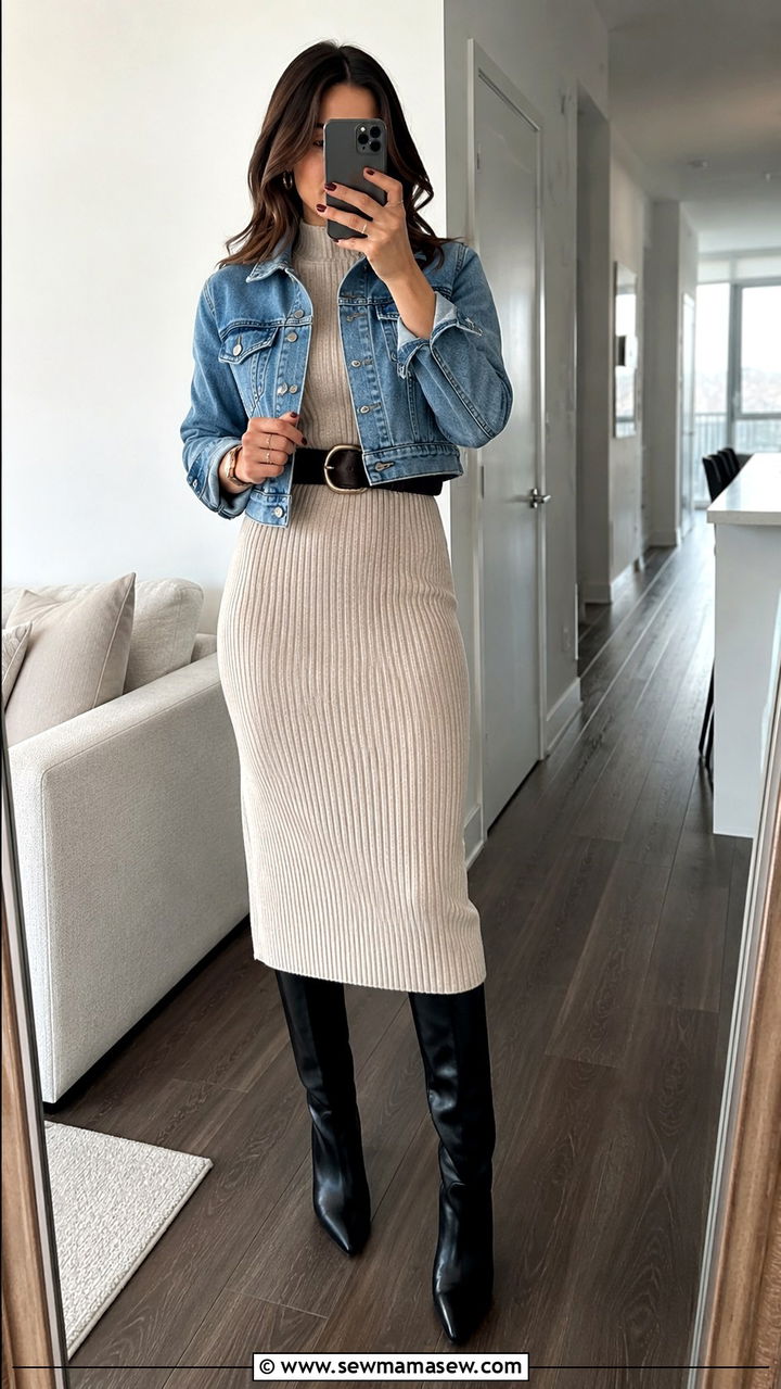 Denim jacket outfit with a knitted dress for work - 30 How to style a denim jacket for work