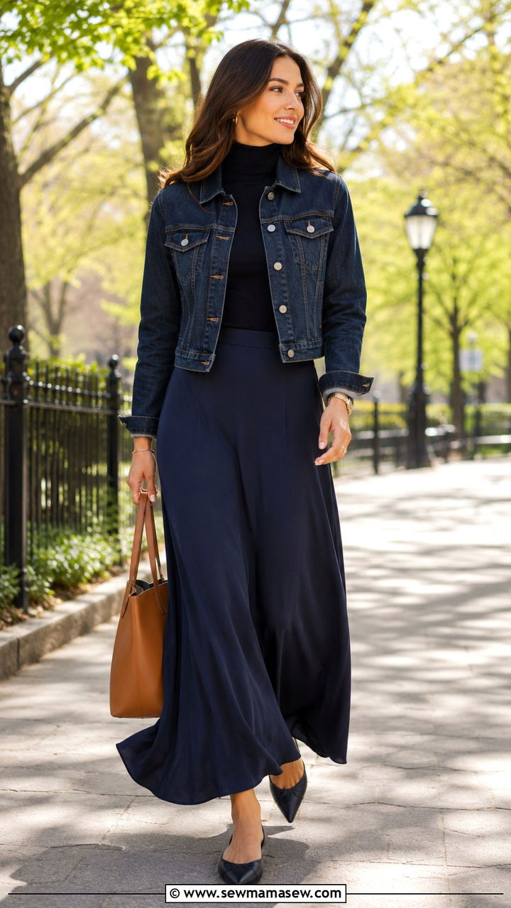 Denim jacket outfit with a maxi skirt for work - 30 How to style a denim jacket for work