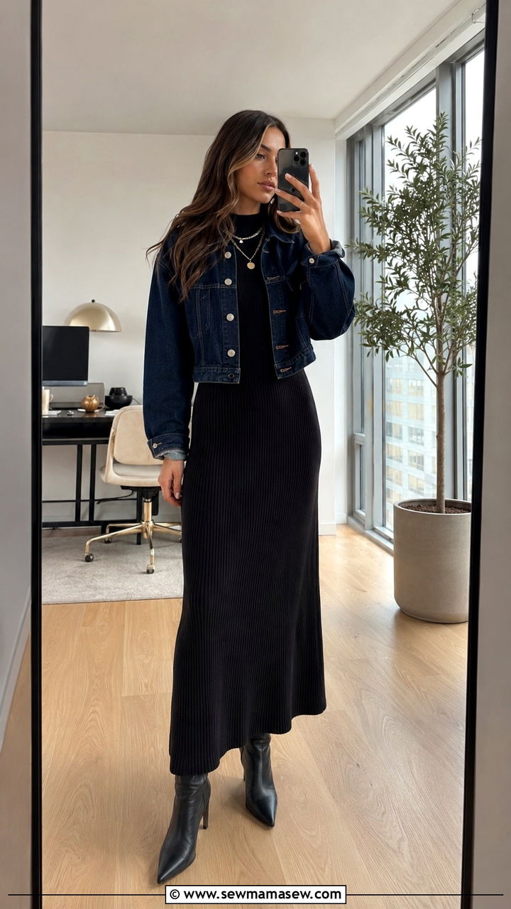 Denim jacket outfit with a ribbed knit maxi dress at work - 30 How to style a denim jacket for work