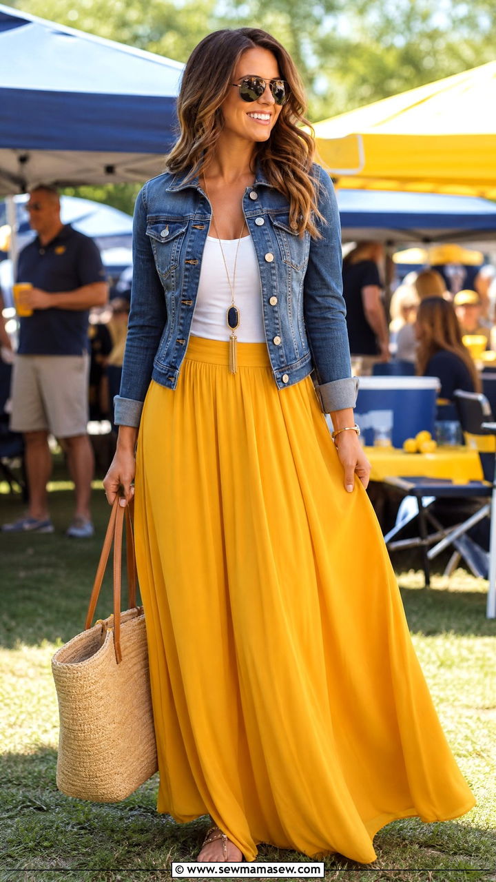 Denim jacket outfit with maxi skirt - 25 Gameday outfit ideas HBCU