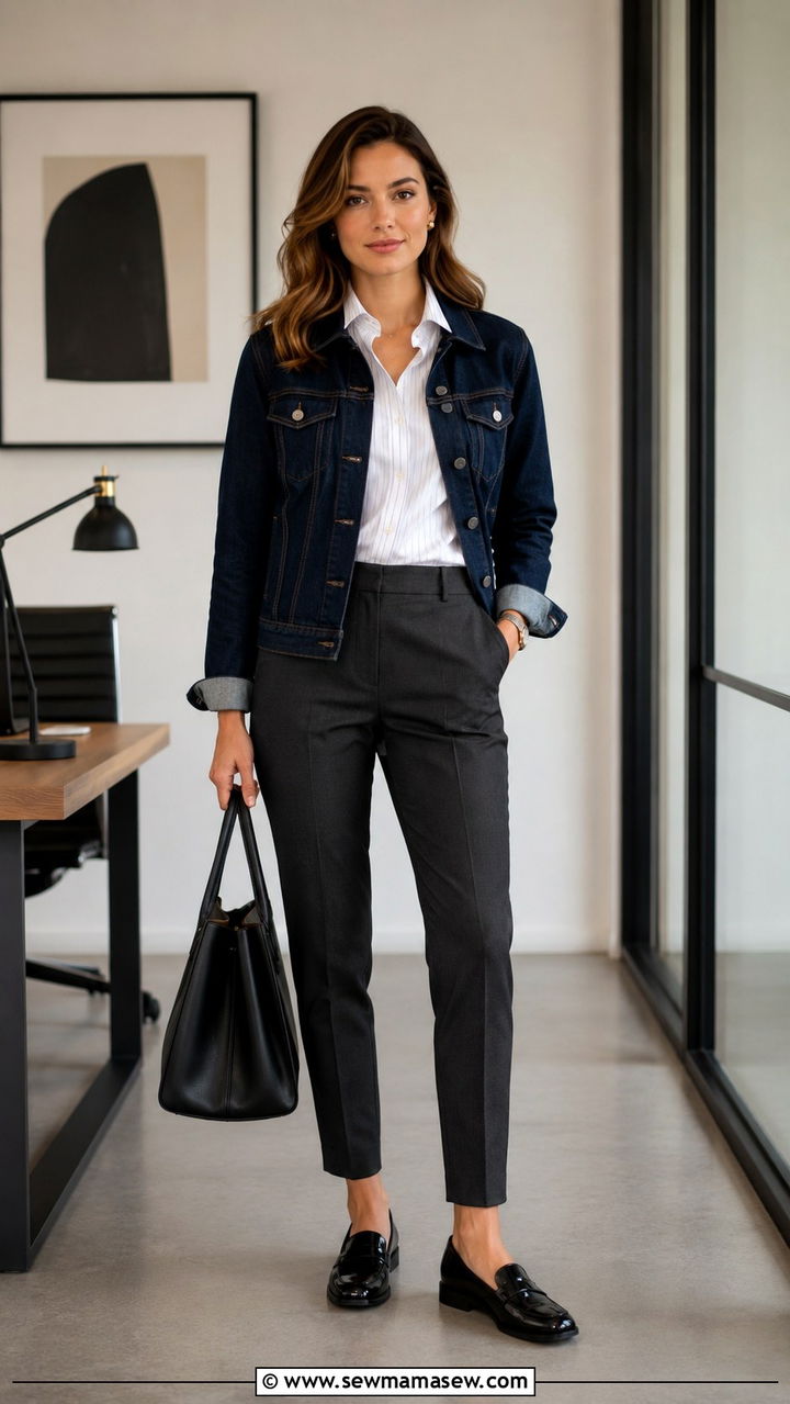 Denim jacket outfit with tailored trousers and loafers - 30 How to style a denim jacket for work
