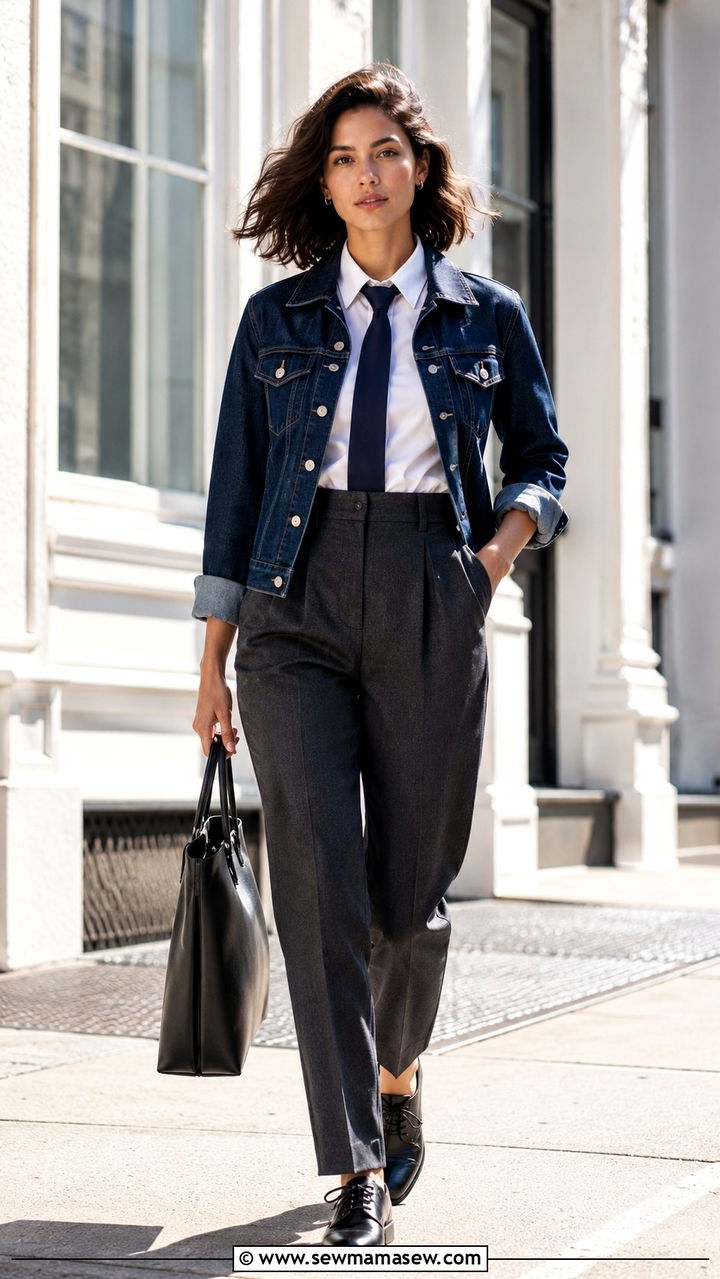 Denim jacket over a collared shirt and tie look for women - 30 How to style a denim jacket for work