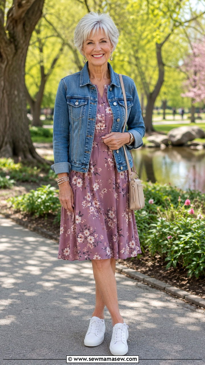 Denim jacket over a floral dress - 30 Outfit ideas for women over 70 casual 2026