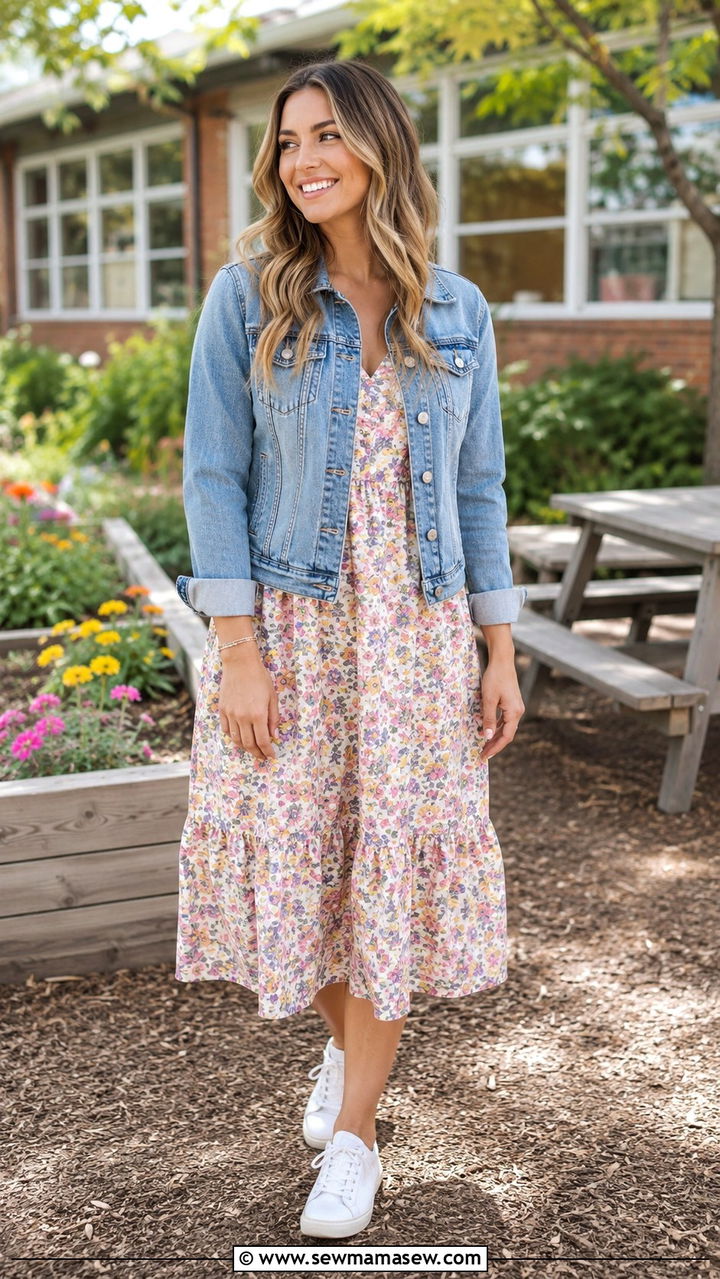 Denim jacket over a floral dress preschool teacher outfit - 25 Preschool teacher outfit ideas