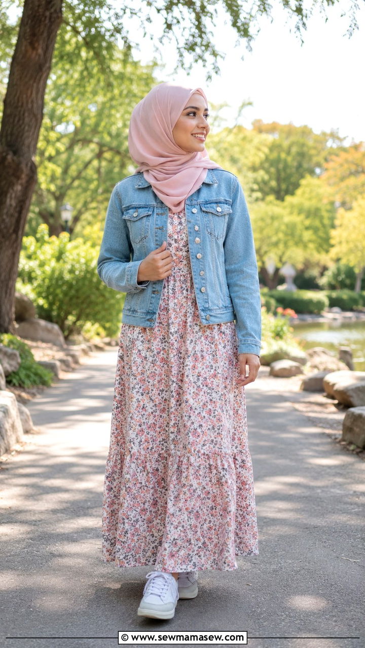 Denim jacket over a floral maxi dress - 25 Vacation outfit ideas Muslim women