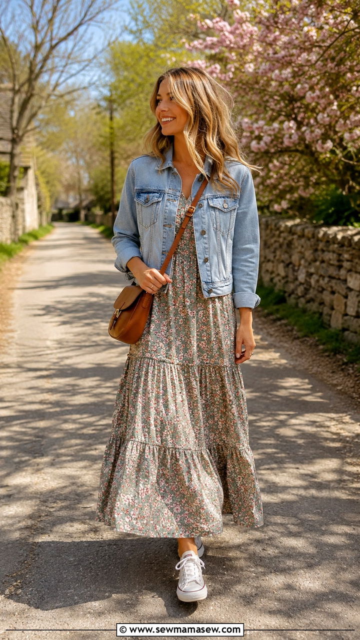 Denim jacket over a floral maxi dress - 30 Spring cottage outfits