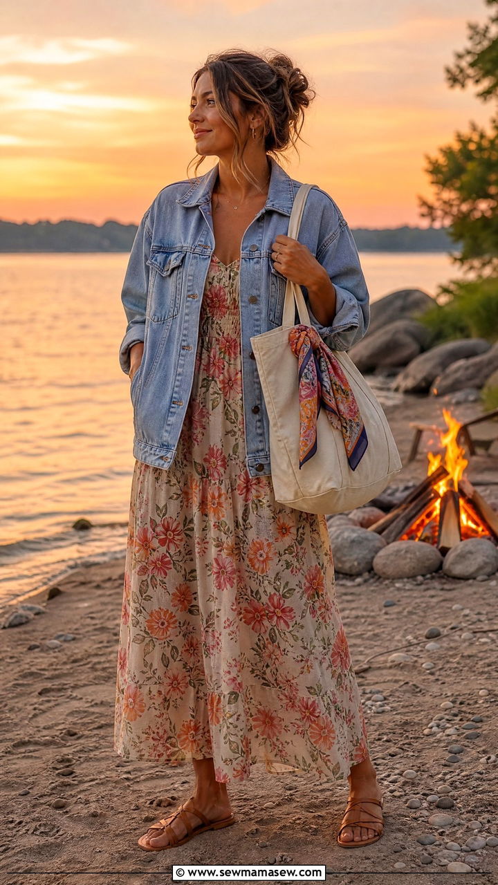 Denim jacket over a floral maxi dress for evening gatherings - 35 Labor Day weekend outfit ideas