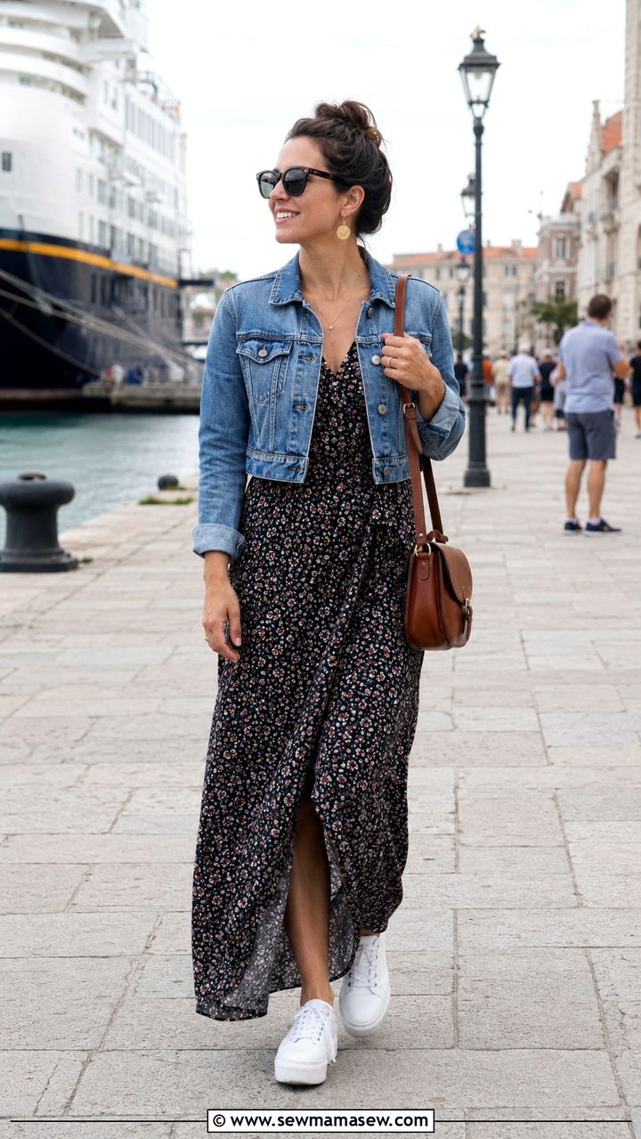 Denim jacket over a floral maxi dress outfit - 30 Small ship cruise outfit ideas