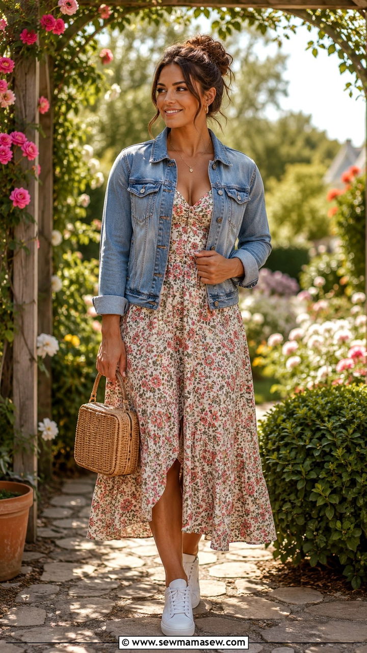 Denim jacket over a floral midi dress - 25 Outfit ideas for muscular women