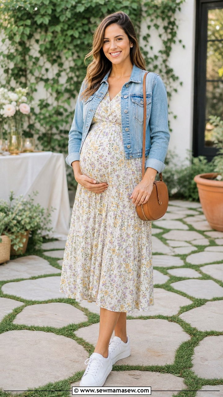 Denim jacket over a floral midi dress - 25 Spring outfit ideas for pregnant women