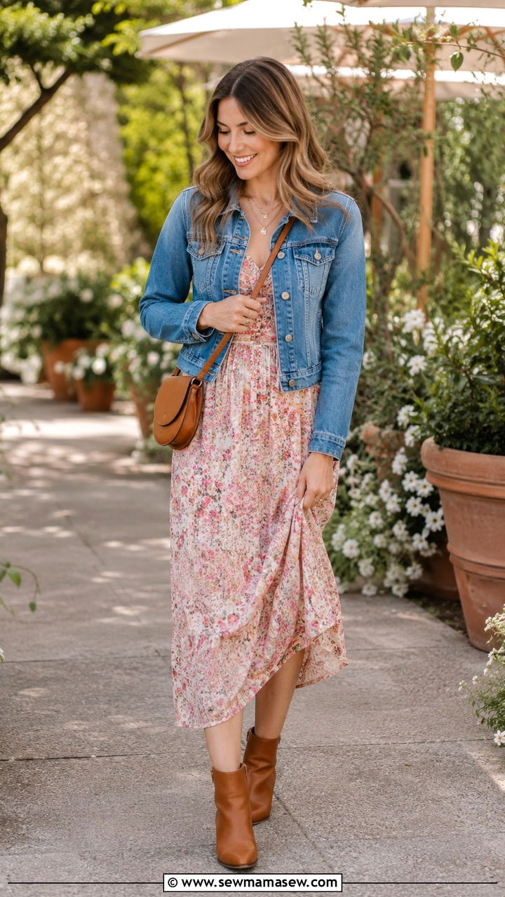 Denim jacket over a floral midi dress - 30 classy jacket outfits