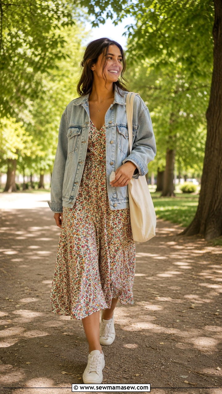 Denim jacket over a floral midi dress with sneakers - 30 Unpredictable weather outfit ideas