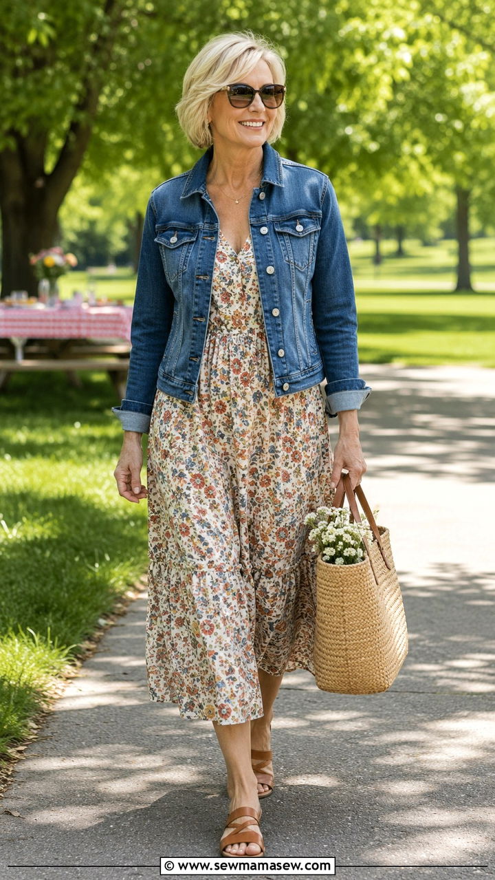 Denim jacket over a floral sundress and flat sandals - 25 Outfit ideas for women over 50 elevated casual