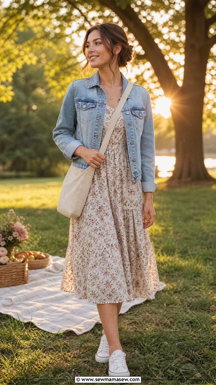 Denim jacket over a floral sundress - 40 summer sundress outfit ideas