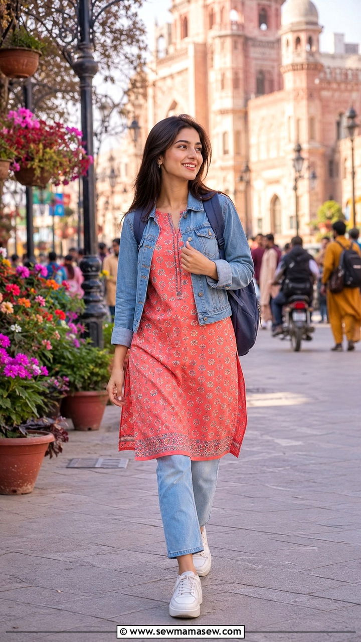 Denim jacket over a kurti with white sneakers - 30 Lahore outfit ideas