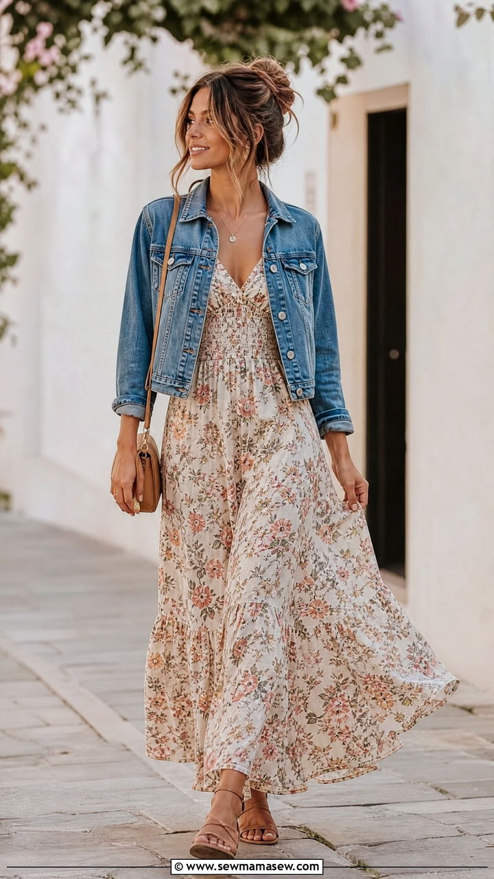 Denim jacket over a maxi dress - 30 summer denim jacket outfit ideas