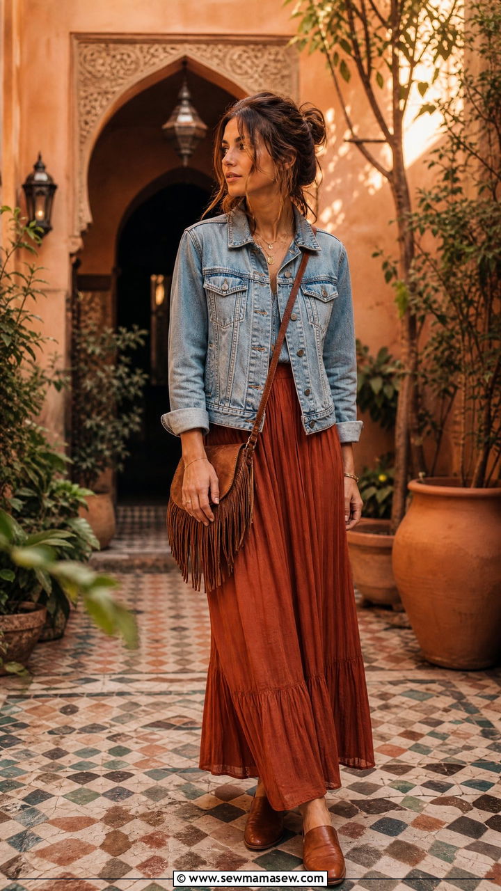 Denim jacket over a maxi skirt - 25 Fes outfit ideas